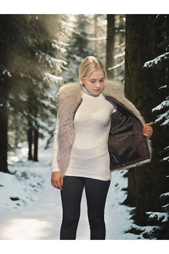 Kadın Kolsuz Fermuarlı Yelek - Kahve