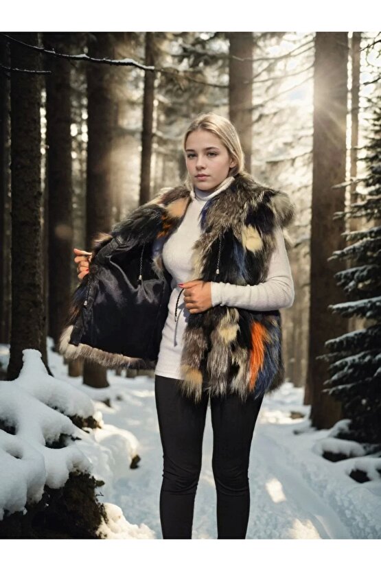 Kadın Kolsuz Hakiki Deri Ceket - Siyah