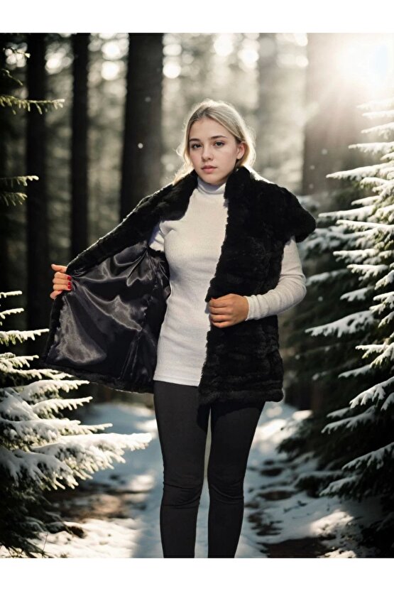 Kadın Kolsuz Hakiki Kürk - Siyah