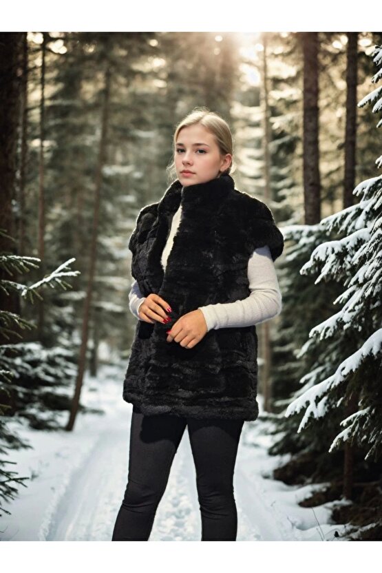 Kadın Kolsuz Hakiki Kürk - Siyah