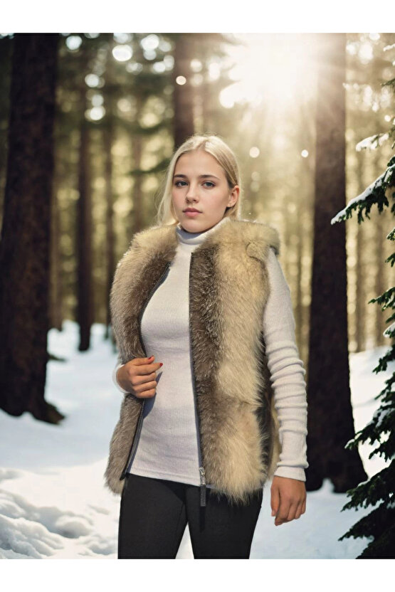 Kadın Kolsuz Hakiki Yelek - Fuşya