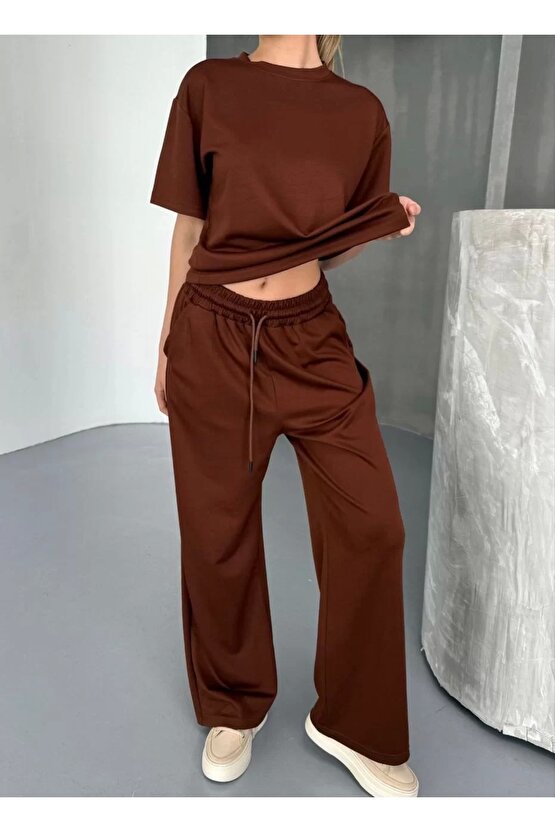 Osy Modal Yumuşak Dokulu Kumaş Kısa Kollu Bluz Rahat Pantalon ikili Takım- Kahverengi
