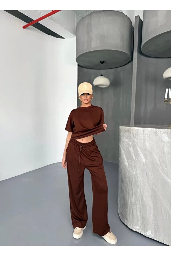 Osy Modal Yumuşak Dokulu Kumaş Kısa Kollu Bluz Rahat Pantalon ikili Takım- Kahverengi