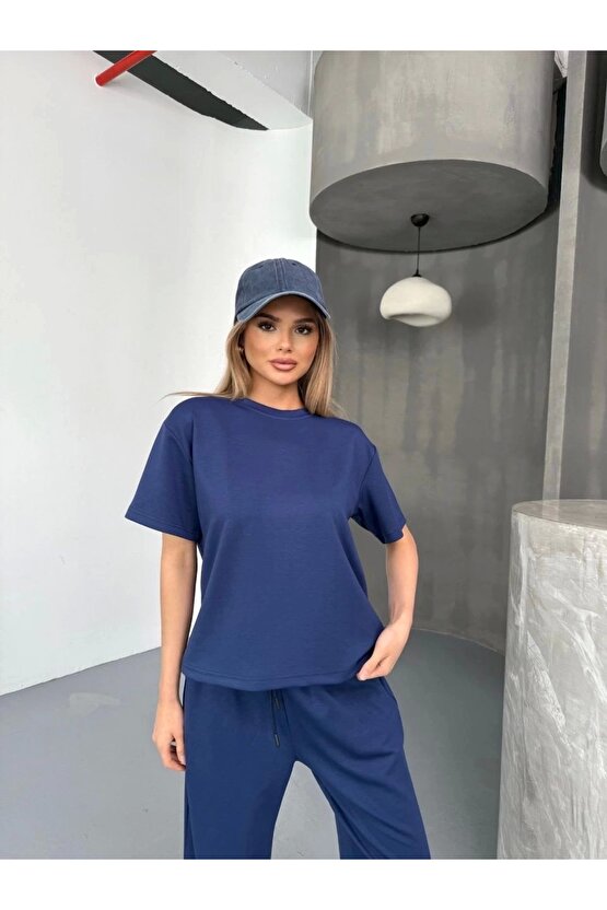 Osy Modal Yumuşak Dokulu Kumaş Kısa Kollu Bluz Rahat Pantalon ikili Takım- Lacivert