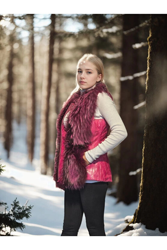 Kadın Kolsuz Hakiki Yelek - Fuşya