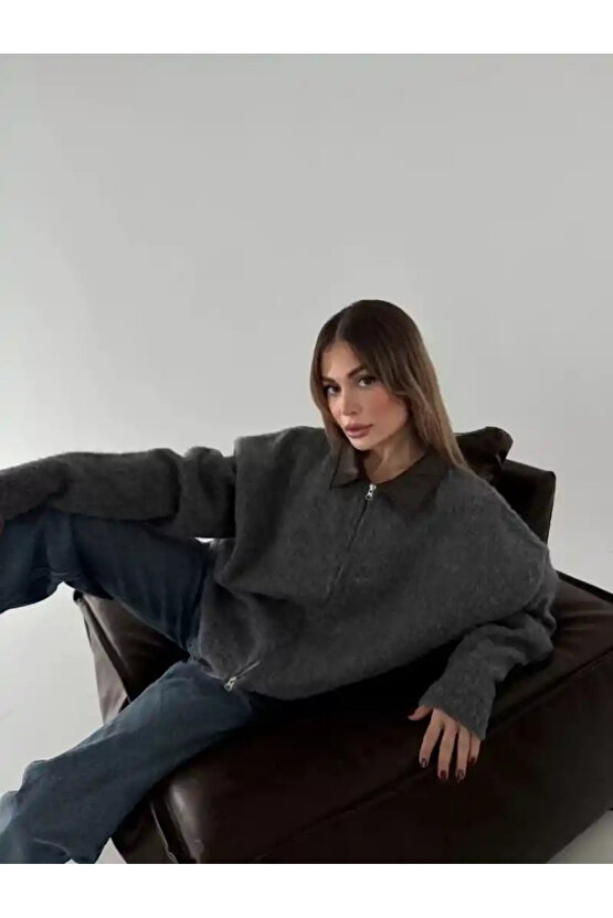 Deri Yakalı Pamuk dokulu Çift Taraflı Çalışan Fermuar Ceket - Füme