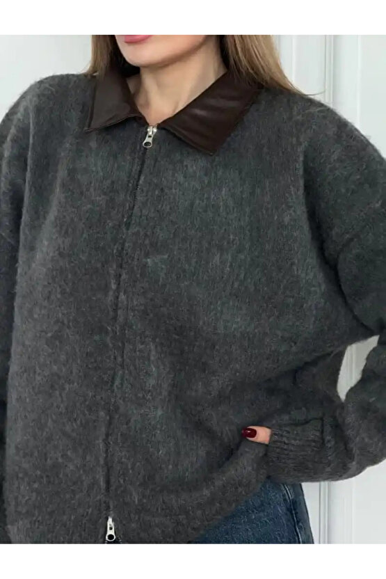 Deri Yakalı Pamuk dokulu Çift Taraflı Çalışan Fermuar Ceket - Füme