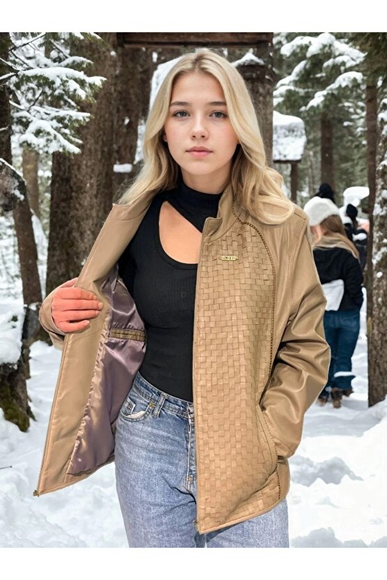 Kadın Fileli Deri Ceket - Krem