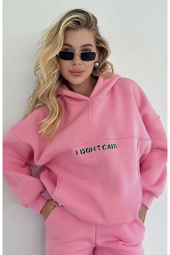 Velmora Nakış İşlemeli Üç İplik Sweat Takım- Pembe -VLMR