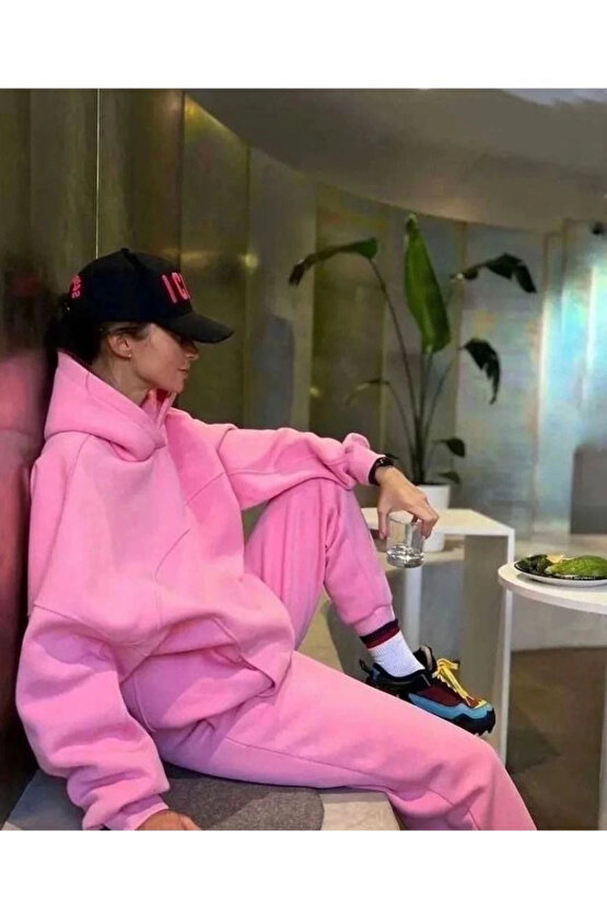 Velmora Nakış İşlemeli Üç İplik Sweat Takım- Pembe -VLMR