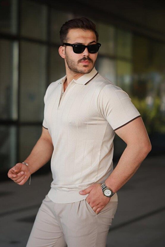 Erkek Fermuar Yakalı çizgi Dokulu Kısa Kollu Tişört