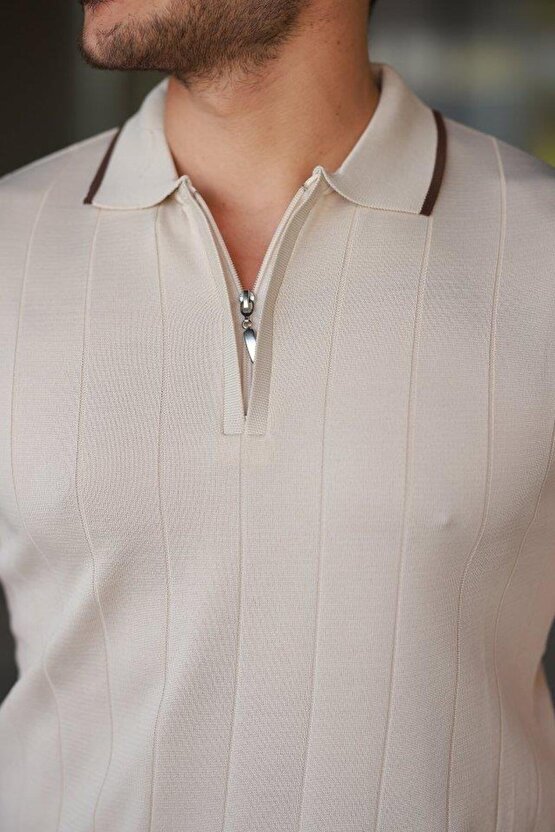 Erkek Fermuar Yakalı çizgi Dokulu Kısa Kollu Tişört