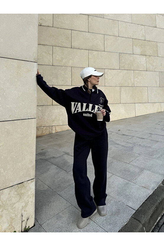 Üç İplik Yakalı Sweat Baggy Pantalonlu Takım - Siyah -COLLECTION