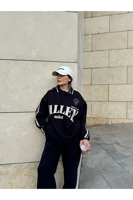 Üç İplik Yakalı Sweat Baggy Pantalonlu Takım - Siyah -COLLECTION