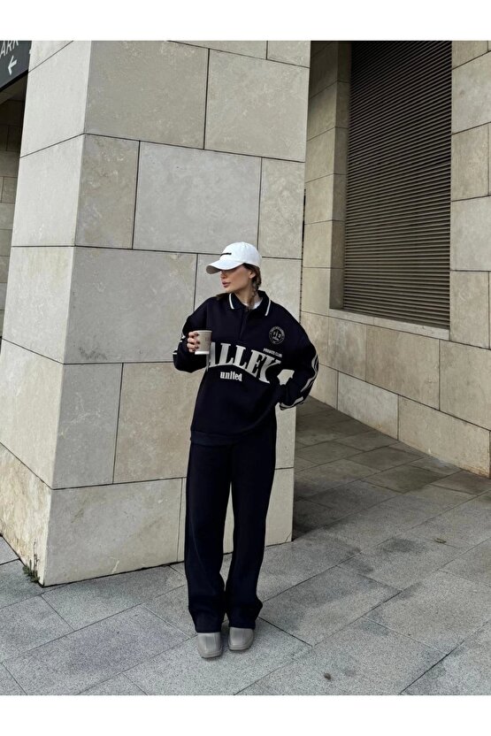 Üç İplik Yakalı Sweat Baggy Pantalonlu Takım - Siyah -COLLECTION