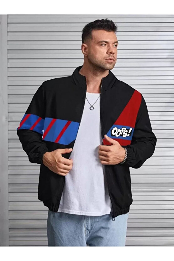 MDB Unisex Uzun Koll Fermuarlı Baskılı Rüzgarlik iyah