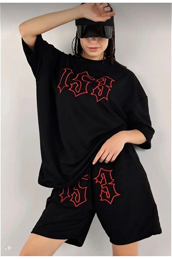 Unisex Nakış İşlemeli Şort Takım - Siyah