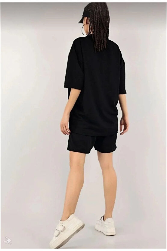 Unisex Nakış İşlemeli Şort Takım - Siyah
