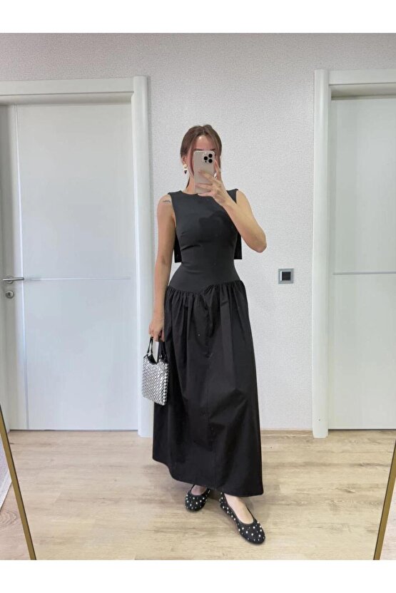 Krep Arkası Kanat Arka Ön Pens Detaylı Uzun Kadın Elbise - Siyah