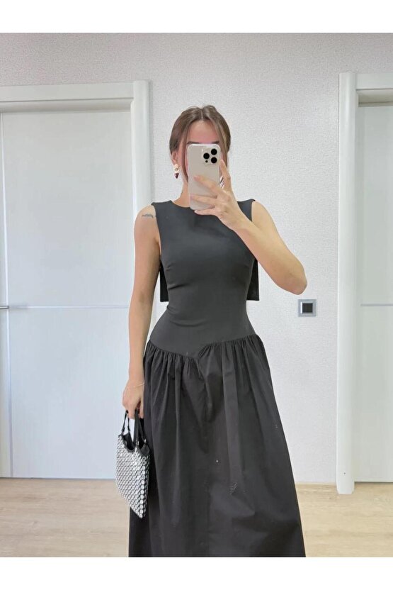 Krep Arkası Kanat Arka Ön Pens Detaylı Uzun Kadın Elbise - Siyah