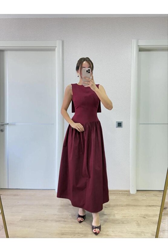 Omarı Zarif Bordo Uzun Elbise - Kanat Detaylı