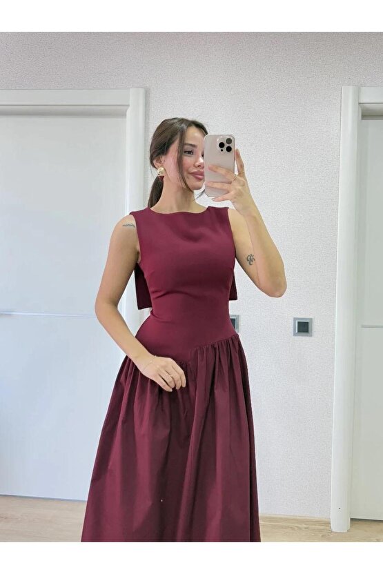 Omarı Zarif Bordo Uzun Elbise - Kanat Detaylı