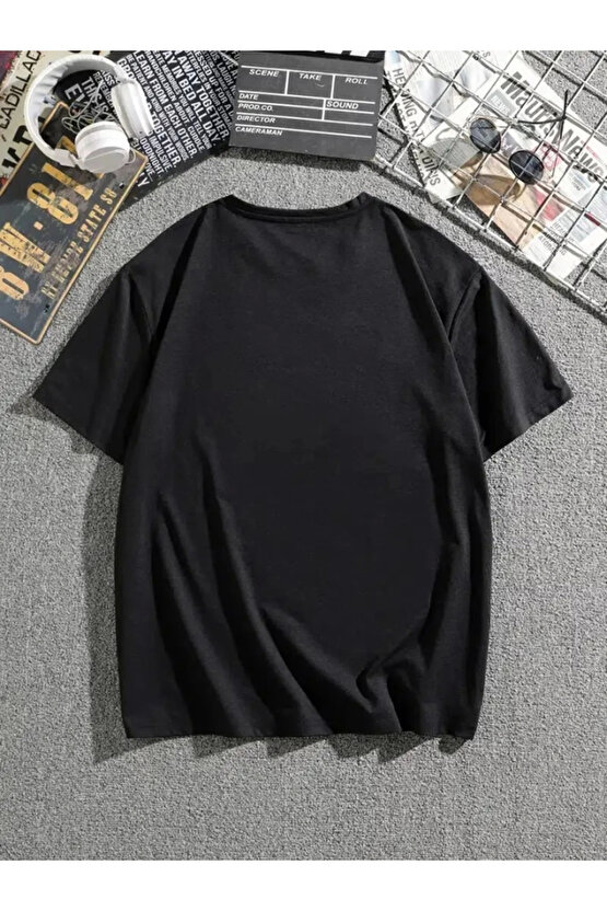 Erkek Dağ Grafikli Tişört, Yaz için Büyük Beden Rahat T-shirt - Siyah