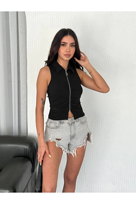 Yakalı Tam Fermuarlı Kolsuz Bluz - Siyah