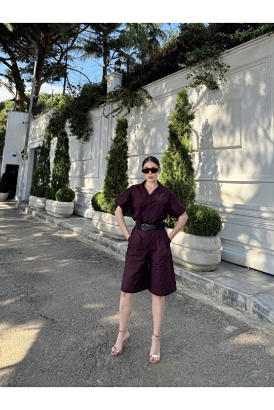 Bordo Kemerli Gömlek Şort Kadın Takım