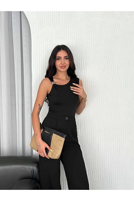 Osy Modal Yumuşak Dokulu Kumaş Bisiklet Yaka Kadın Sıfır Kol Bluz Omuz Toka Aksesuar Detaylı - Siyah