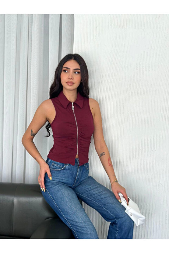 Yakalı Tam Fermuarlı Kolsuz Bluz - Bordo