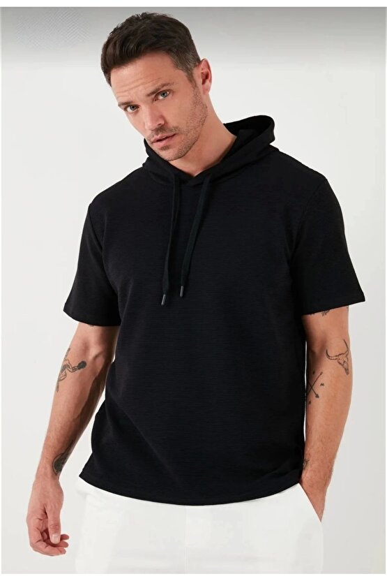 Unisex Kapşonlu Kısa Kol Düz Oversize T-shirt - Siyah