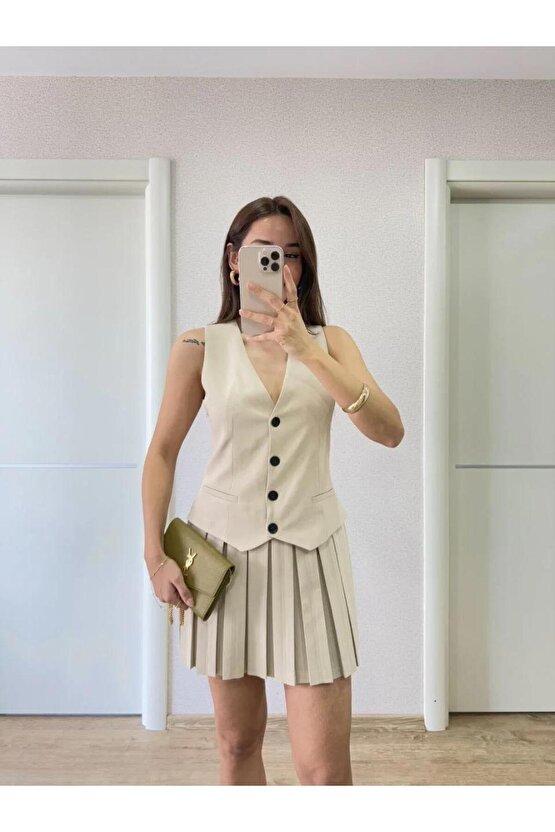 Keten Takım Görünümlü Düğme Detaylı Yelekli Mini Elbise - Bordo