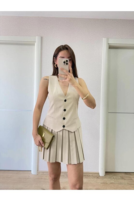 Keten Takım Görünümlü Düğme Detaylı Yelekli Mini Elbise - Bordo