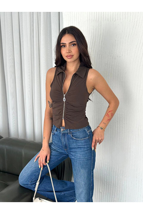 Yakalı Tam Fermuarlı Kolsuz Bluz - Kahverengi