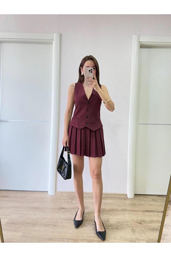 Keten Takım Görünümlü Düğme Detaylı Yelekli Mini Elbise - Bordo