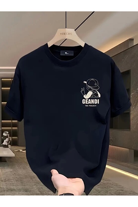 Geniş Kesim Pamuklu Tişört - GANDHI The Project Baskılı, Siyah, Rahat Kesim, Kısa Kollu, Günlük Kı