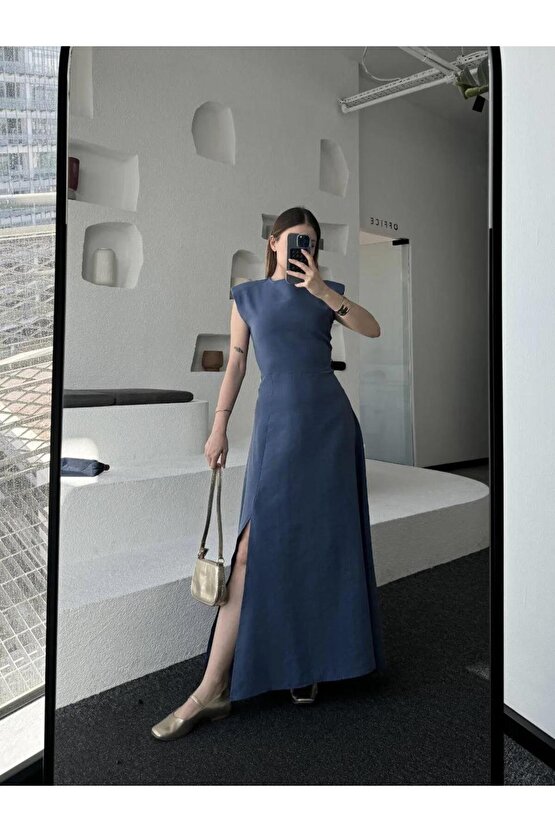Keten Yandan Yırtmaçlı Uzun Elbise Sıfır Kol Elbise - Mavi