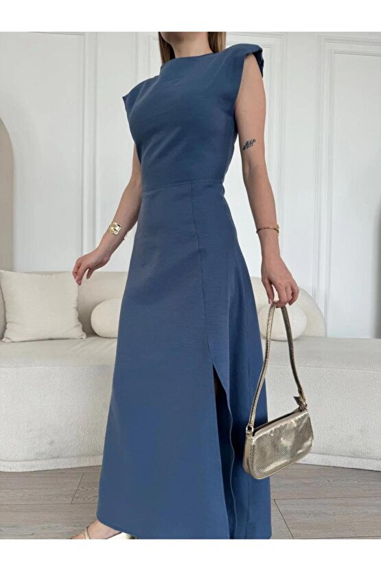 Keten Yandan Yırtmaçlı Uzun Elbise Sıfır Kol Elbise - Mavi