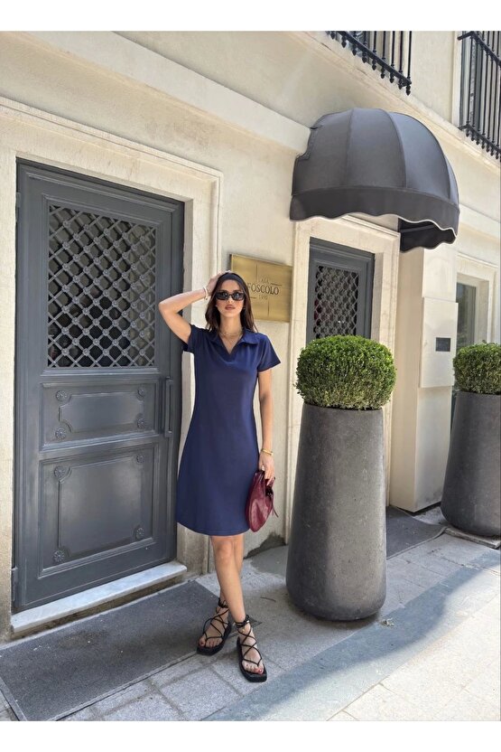 Osy Modal Yumuşak Dokulu Kumaş Yakalı Kısa Kollu Elbise - Mavi