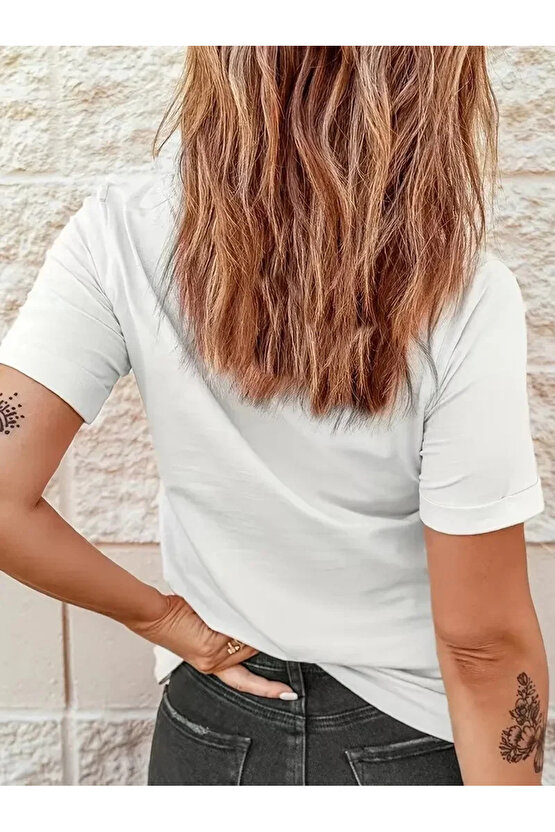 Velmora Premium lar için Şık Leopar Kalp Baskılı Günlük Tişört Beyaz -VLMR