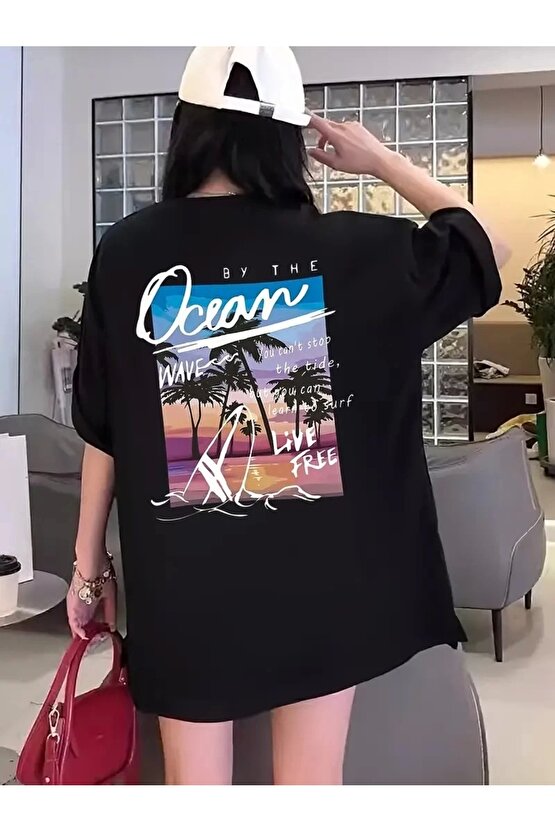 Kadınlar İçin Geniş Kesim Tişört - Kısa Kollu, Bol Kesim, Manzaralı Okyanus Baskı, Günlük Yazlık Üst