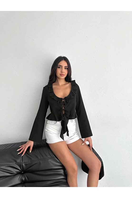 Keten Uzun Kol Bağacık Detaylı Bluz - Siyah