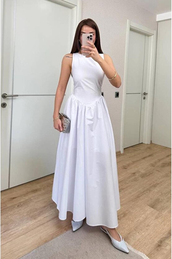 Sifir Kol Beli Oturtmalı Kolsuz Uzun Elbise - Beyaz