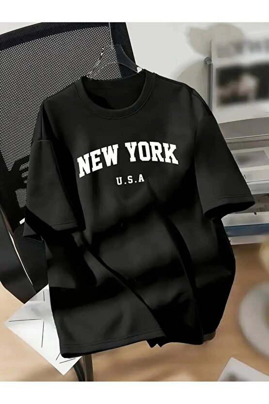 201 Penye Compack New York Baskılı Oversize Kısa Kol Bisiklet Yaka T-shirt - Siyah