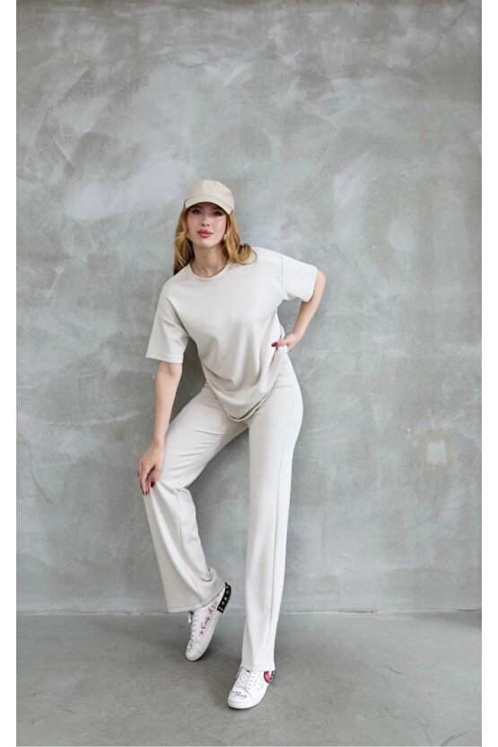 Osy Modal Yumuşak dokulu Kumaş Bisiklet Yaka Taş detaylı Kısa Kollu Takım - Kırık Beyaz