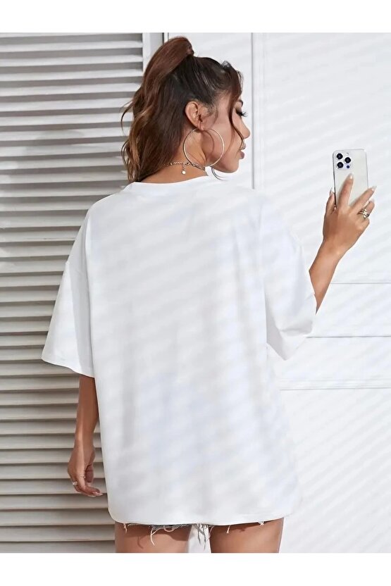 201 Penye CompackNew York Baskılı Oversize Kısa Kol Bisiklet Yaka T-shirt - Beyaz