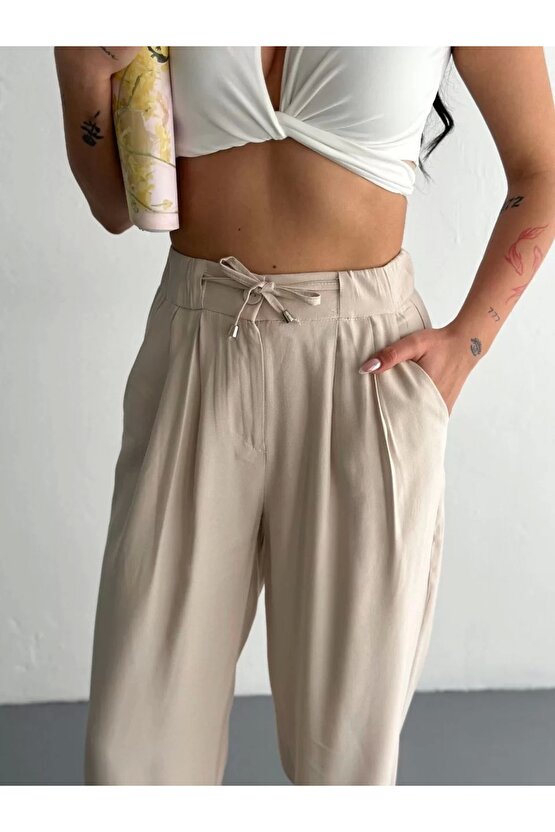 Kadın Yüksel Bel Beli Bağcıklı Rahat Boru Paça Pantalon - Kırık Beyaz