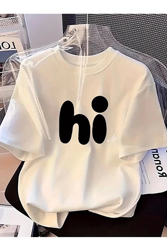 201 Penye Compack Baskılı Oversize Bisiklet Yaka Kısa Kol Yazlık T-shirt - Beyaz