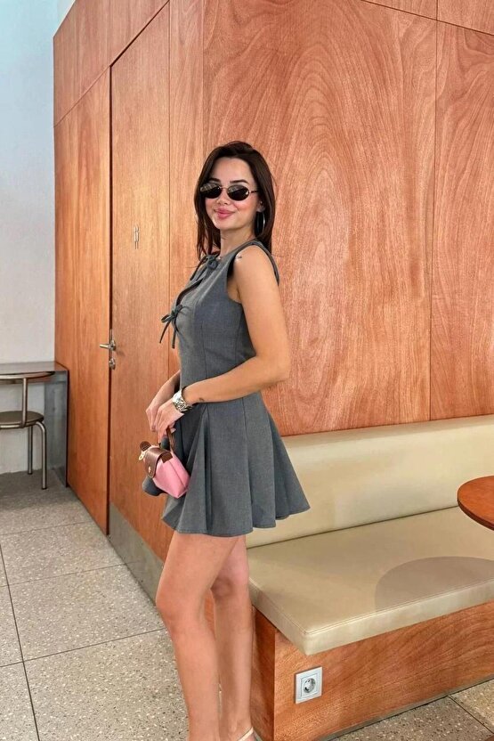 Bağcık detaylı Kolsuz Mini Elbise - Antrasit